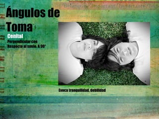 Ángulos de
Toma
Cenital
Perpendicular con
Respecto al suelo. A 90°
Evoca tranquilidad, debilidad
 