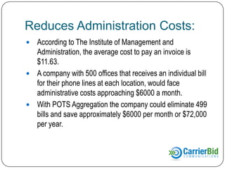 Reduces Administration Costs:
According to The Institute of Management and
Administration, the average cost to pay an invoice is
$11.63.
 A company with 500 offices that receives an individual bill
for their phone lines at each location, would face
administrative costs approaching $6000 a month.
 With POTS Aggregation the company could eliminate 499
bills and save approximately $6000 per month or $72,000
per year.


 