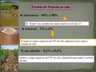 K estrutural – 90% a 98%
K trocável – 1% a 8%
K em solução – 0,1% a 0,2%
Formas de Potássio no solo
K “fixado” nas camadas das argila expansivas do tipo 2:1
K ligado as cargas negativas da CTC do solo, disponível para suprir a
solução do solo.
ligado as cargas negativas da CTC do solo, disponível para suprir a solução
do solo.
 