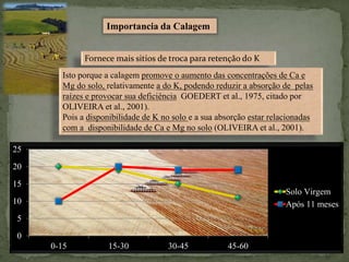 Importancia da Calagem
Fornece mais sitios de troca para retenção do K
Isto porque a calagem promove o aumento das concentrações de Ca e
Mg do solo, relativamente a do K, podendo reduzir a absorção de pelas
raízes e provocar sua deficiência GOEDERT et al., 1975, citado por
OLIVEIRA et al., 2001).
Pois a disponibilidade de K no solo e a sua absorção estar relacionadas
com a disponibilidade de Ca e Mg no solo (OLIVEIRA et al., 2001).
0
5
10
15
20
25
0-15 15-30 30-45 45-60
Solo Virgem
Após 11 meses
 