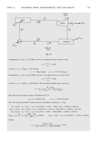 Comparing to sf and sg at 0.1 MPa, we have a two-phase mixture at state 2 with
x2 =
s2 − sf
sfg
= 0:96
so that h2 = hf + 0:96hfg = 2587:3 kJ/kg.
2 ! 3 Ideal turbine: s3 = s2 = 7:1237 kJ=kgÁK
Comparing to sf and sg at 0.01 MPa, we have a two-phase mixture at state 3 with
x3 =
s3 − sf
sfg
= 0:86
so that h3 = hf + 0:86hfg = 2256:9 kJ=kg. The second-law eﬀectiveness is given by
II =
É2 + Wturb
É4 + Wpump + ½1 − ðT0=T1ÞŠQboil
The dead state for water is liquid at 100 kPa and 25 
C:
h0 = hf = 104:9 kJ=kg s0 = sf = 0:3672 kJ=kgÁK
Now the various quantities of interest may be calculated, assuming m1 = 1 kg:
É2 = m2½h2 − h0 − T0ðs2 − s0ÞŠ = ð0:1Þ½2587:3 − 104:9 − ð298Þð7:1237 − 0:3672ÞŠ = 46:89 kJ
Wturb = m1ðh1 − h2Þ + m3ðh2 − h3Þ = ð1:0Þð3051:2 − 2587:3Þ + ð0:9Þð2587:3 − 2256:9Þ = 761:3 kJ
É4 = m4½h4 − h0 − T0ðs4 − s0ÞŠ = ð0:1Þ½191:8 − 104:9 − ð298Þð0:6491 − 0:3671ÞŠ = 0:28 kJ
Wpump = m1
ÁP

= ð1:0Þ
1000 − 10
1000
 
= 0:99 kJ Qboil = m1ðh1 − h6Þ = ð1:0Þð3051:2 − 192:8Þ = 2858 kJ
whence
II =
46:89 + 761:3
0:28 + 0:99 + ð1 − 298=573Þð2858Þ
= 0:59
CHAP. 7] REVERSIBLE WORK, IRREVERSIBILITY, AND AVAILABILITY 167
Fig. 7-2
 