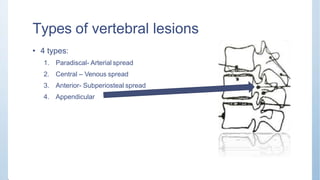 Types of vertebral lesions
• 4 types:
1. Paradiscal- Arterial spread
2. Central – Venous spread
3. Anterior- Subperiosteal spread
4. Appendicular
 