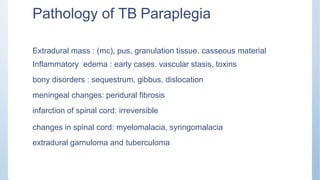 Pathology of TB Paraplegia
Extradural mass : (mc), pus, granulation tissue. casseous material
Inflammatory edema : early cases. vascular stasis, toxins
bony disorders : sequestrum, gibbus, dislocation
meningeal changes: peridural fibrosis
infarction of spinal cord: irreversible
changes in spinal cord: myelomalacia, syringomalacia
extradural garnuloma and tuberculoma
 