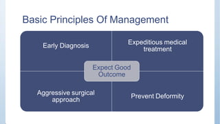 Basic Principles Of Management
Early Diagnosis
Expeditious medical
treatment
Aggressive surgical
approach
Prevent Deformity
Expect Good
Outcome
 