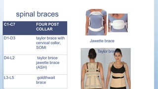 spinal braces
C1-C7 FOUR POST
COLLAR
D1-D3 taylor brace with
cervical collor,
SOMI
D4-L2 taylor brsce
jawette brace
(ASH)
L3-L5 goldthwait
brace
Jawette brace
Taylor brace
 