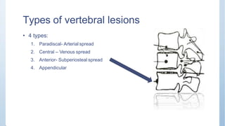 Types of vertebral lesions
• 4 types:
1. Paradiscal- Arterial spread
2. Central – Venous spread
3. Anterior- Subperiosteal spread
4. Appendicular
 