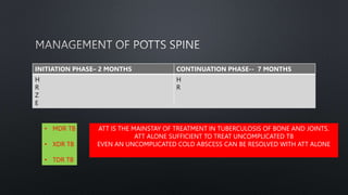 INITIATION PHASE– 2 MONTHS CONTINUATION PHASE-- 7 MONTHS
H
R
Z
E
H
R
• MDR TB
• XDR TB
• TDR TB
ATT IS THE MAINSTAY OF TREATMENT IN TUBERCULOSIS OF BONE AND JOINTS.
ATT ALONE SUFFICIENT TO TREAT UNCOMPLICATED TB
EVEN AN UNCOMPLICATED COLD ABSCESS CAN BE RESOLVED WITH ATT ALONE
 