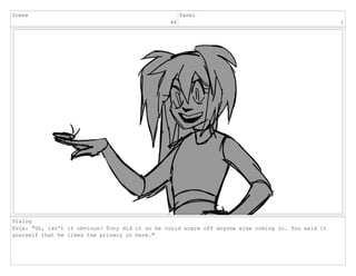 Scene
46
Panel
1
Dialog
Evie: "Uh, isn't it obvious? Tony did it so he could scare off anyone else coming in. You said it
yourself that he likes the privacy in here."
 