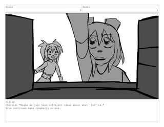 Scene
9
Panel
1
Dialog
Charlie: "Maybe we just have different ideas about what 'fun' is."
Evie continues make raspberry noises.
 
