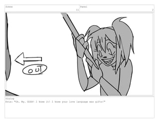 Scene
11
Panel
2
Dialog
Evie: "Oh. My. GOSH! I knew it! I knew your love language was gifts!"
 