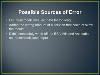 Possible Sources of Error
• Let the nitrocellulose incubate for too long
• Added the wrong amount of a solution that could of skew
  the results
• Didn’t completely wash off the BSA Milk and Antibodies
  on the nitrocellulose paper
 