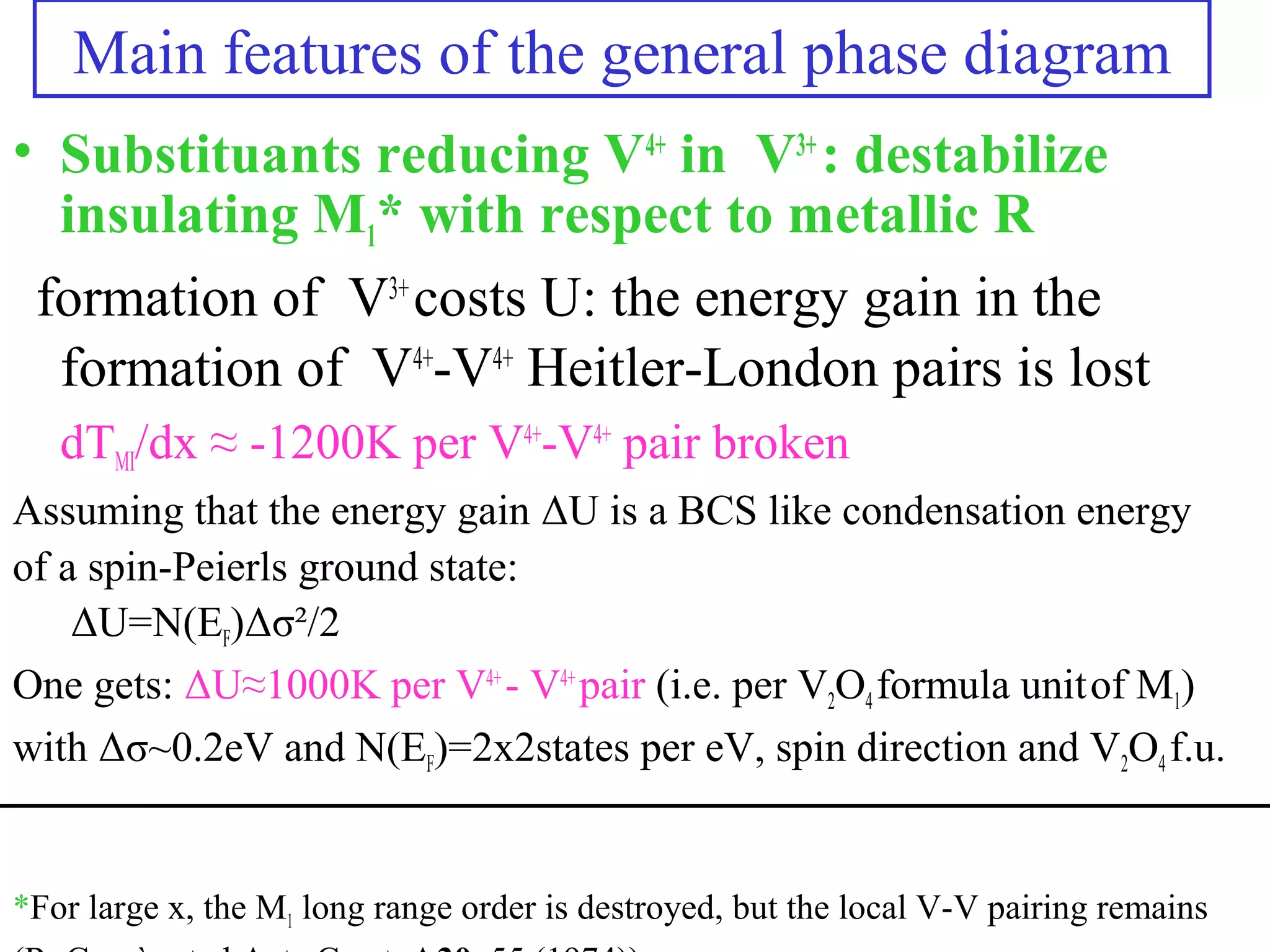 Main features of the general phase diagram
• Substituants reducing V4+
in V3+
: destabilize
insulating M1* with respect to metallic R
formation of V3+
costs U: the energy gain in the
formation of V4+
-V4+
Heitler-London pairs is lost
dTMI/dx ≈ -1200K per V4+
-V4+
pair broken
Assuming that the energy gain ΔU is a BCS like condensation energy
of a spin-Peierls ground state:
ΔU=N(EF)Δσ²/2
One gets: ΔU≈1000K per V4+
- V4+
pair (i.e. per V2O4formula unitof M1)
with Δσ~0.2eV and N(EF)=2x2states per eV, spin direction and V2O4 f.u.
*For large x, the M1 long range order is destroyed, but the local V-V pairing remains
 