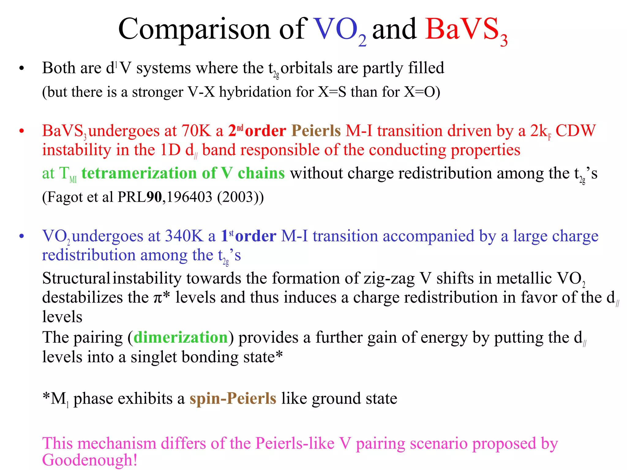 Comparison of VO2 and BaVS3
• Both are d1
V systems where the t2gorbitals are partly filled
(but there is a stronger V-X hybridation for X=S than for X=O)
• BaVS3undergoes at 70K a 2nd
order Peierls M-I transition driven by a 2kF CDW
instability in the 1D d// band responsible of the conducting properties
at TMI tetramerization of V chains without charge redistribution among the t2g’s
(Fagot et al PRL90,196403 (2003))
• VO2undergoes at 340K a 1st
order M-I transition accompanied by a large charge
redistribution among the t2g’s
Structuralinstability towards the formation of zig-zag V shifts in metallic VO2
destabilizes the π* levels and thus induces a charge redistribution in favor of the d//
levels
The pairing (dimerization) provides a further gain of energy by putting the d//
levels into a singlet bonding state*
*M1 phase exhibits a spin-Peierls like ground state
This mechanism differs of the Peierls-like V pairing scenario proposed by
Goodenough!
 