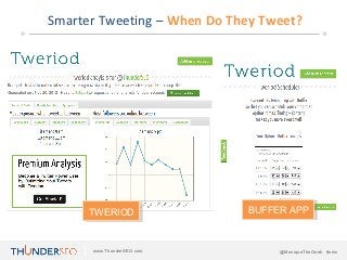 Smarter Tweeting – When Do They Tweet?




      TWERIOD                BUFFER APP



      www.ThunderSEO.com          @MoniqueTheGeek #smx
 