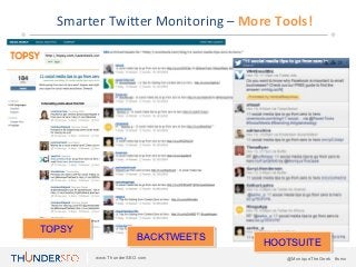 Smarter Twitter Monitoring – More Tools!




TOPSY
                      BACKTWEETS
                                   HOOTSUITE
        www.ThunderSEO.com            @MoniqueTheGeek #smx
 