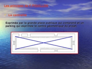  La centralité
Exprimée par la grande place publique qui comprend et unExprimée par la grande place publique qui comprend et un
parking qui exprimée le centre géométrique du projet.parking qui exprimée le centre géométrique du projet.
Les principes de F.POUILLON
 