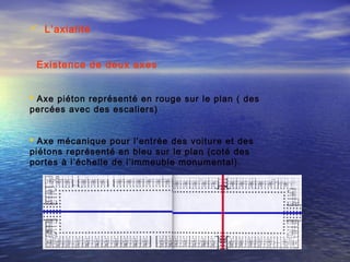  L’axialité
Existence de deux axes
 Axe piéton représenté en rouge sur le plan ( des
percées avec des escaliers)
 Axe mécanique pour l’entrée des voiture et des
piétons représenté en bleu sur le plan (coté des
portes à l’échelle de l’immeuble monumental).
 