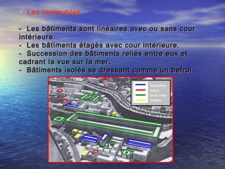  Les immeubles
- Les bâtiments sont linéaires avec ou sans cour- Les bâtiments sont linéaires avec ou sans cour
intérieure.intérieure.
- Les bâtiments étagés avec cour intérieure.- Les bâtiments étagés avec cour intérieure.
- Succession des bâtiments reliés entre eux et- Succession des bâtiments reliés entre eux et
cadrant la vue sur la mer.cadrant la vue sur la mer.
- Bâtiments isolés se dressant comme un befroi.- Bâtiments isolés se dressant comme un befroi.
Linéaires
tours
avec cour
isolées
 