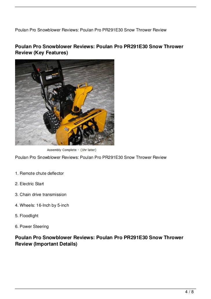 Poulan Pro Snowblower Reviews: Poulan Pro PR291E30 Snow Thrower Review