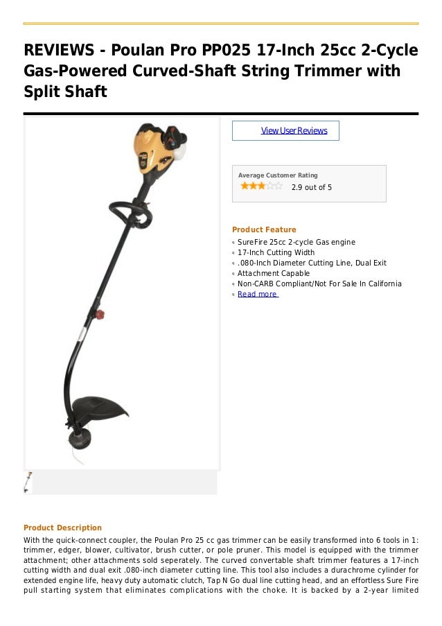 Poulan Pro Pp025 17 Inch 25cc 2 Cycle Gas Powered Curved Shaft String