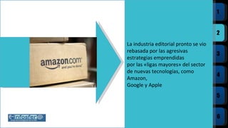 La industria editorial pronto se vio rebasada por las agresivas estrategias emprendidas por las «ligas mayores» del sector de nuevas tecnologías, como Amazon, Google y Apple 