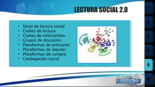 LECTURA SOCIAL 2.0 Sitios de lectura social Clubes de lectura Clubes de intercambio Grupos de discusión Plataformas de préstamo Plataformas de alquiler Plataformas de compra Catalogación social 