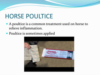 HORSE POULTICE
 A poultice is a common treatment used on horse to
relieve inflammation.
 Poultice is sometimes applied
 