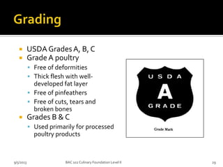  USDA Grades A, B, C
 GradeA poultry
 Free of deformities
 Thick flesh with well-
developed fat layer
 Free of pinfea...