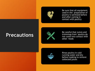 Precautions
Be sure that all equipment
used in the preparation of
poultry is sanitized before
and after coming in
contact with poultry
Be careful that juices and
trimmings from poultry do
not come into contact with
other foods
Rinse poultry in cold
running water and dry
before cooking to remove
collected juices
 