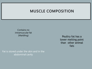 MUSCLE COMPOSITION
Fat is stored under the skin and in the
abdominal cavity
Poultry fat has a
lower melting point
than other animal
fats
Contains no
intramuscular fat
(Marbling)
 