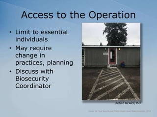 Access to the Operation
• Limit to essential
individuals
• May require
change in
practices, planning
• Discuss with
Biosecurity
Coordinator
Center for Food Security and Public Health, Iowa State University, 2018
Reneé Dewell, ISU
 