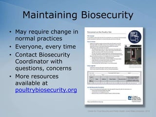 Maintaining Biosecurity
• May require change in
normal practices
• Everyone, every time
• Contact Biosecurity
Coordinator with
questions, concerns
• More resources
available at
poultrybiosecurity.org
Center for Food Security and Public Health, Iowa State University, 2018
 