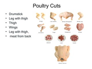 Poultry Cuts
•   Drumstick
•   Leg with thigh
•   Thigh
•   Wings
•   Leg with thigh,
•    meat from back
 
