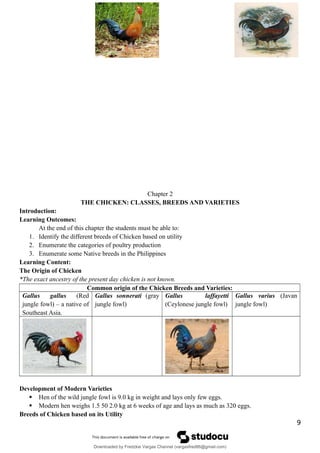 Chapter 2
THE CHICKEN: CLASSES, BREEDS AND VARIETIES
Introduction:
Learning Outcomes:
At the end of this chapter the students must be able to:
1. Identify the different breeds of Chicken based on utility
2. Enumerate the categories of poultry production
3. Enumerate some Native breeds in the Philippines
Learning Content:
The Origin of Chicken
*The exact ancestry of the present day chicken is not known.
Common origin of the Chicken Breeds and Varieties:
Gallus gallus (Red
jungle fowl) – a native of
Southeast Asia.
Gallus sonnerati (gray
jungle fowl)
Gallus laffayetti
(Ceylonese jungle fowl)
Gallus varius (Javan
jungle fowl)
Development of Modern Varieties
 Hen of the wild jungle fowl is 9.0 kg in weight and lays only few eggs.
 Modern hen weighs 1.5 50 2.0 kg at 6 weeks of age and lays as much as 320 eggs.
Breeds of Chicken based on its Utility
9
Downloaded by Fredzkie Vargas Channel (vargasfred86@gmail.com)
lOMoARcPSD|16678982
 