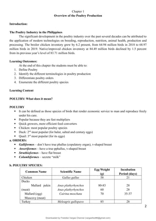 Chapter 1
Overview of the Poultry Production
Introduction:
The Poultry Industry in the Philippines
The significant development in the poultry industry over the past several decades can be attributed to
the application of modern technologies on breeding, reproduction, nutrition, animal health, production and
processing. The broiler chicken inventory grew by 6.2 present, from 64.94 million birds in 2018 to 68.97
million birds in 2019. Native/improved chicken inventory at 84.49 million birds declined by 1.5 percent
from its previous year’s level of 83.71 million birds.
Learning Outcomes:
At the end of this chapter the students must be able to:
1. Define Poultry
2. Identify the different terminologies in poultry production
3. Differentiate poultry orders
4. Enumerate the different poultry species
Learning Content
POULTRY: What does it mean?
POULTRY
 It can be defined as those species of birds that render economic service to man and reproduce freely
under his care.
 Popular because they are fast multipliers
 Quick growers, more efficient feed converters
 Chicken: most popular poultry species
 Duck: 2nd
most popular (for balut, salted and century eggs)
 Quail: 3rd
most popular (for its eggs)
a. ORDERS:
 Galliformes – don’t have true phallus (copulatory organ), v-shaped breast
 Anseriformes – have a true pphallus, v-shaped breast
 Struthioformes – have flat breast
 Columbiformes – secrete “milk”
b. POULTRY SPECIES:
Common Name Scientific Name
Egg Weight
(g)
Incubation
Period (days)
Chicken Gallus gallus 58 21
Ducks
Mallard pekin
(meat)
Mallard (egg)
Muscovy (meat)
Anas plathyrhynchos
Anas plathyrhynchos
Cairina moschata
80-83
60
70
28
28
35-37
Turkey Meleagris gallopavo 85 28
2
Downloaded by Fredzkie Vargas Channel (vargasfred86@gmail.com)
lOMoARcPSD|16678982
 