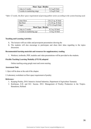 Meat Type / Broiler
1 day to 2 weeks 0.3 sq.ft/ bird
2 weeks to marketing stage 1.0 sq.ft/ bird
*After 12 weeks, the floor space requirement of growing pullets varies according to the system housing used.
Litter floor 2.0-2.5 sq. ft/ bird
Slat floor 1.5-2.0 sq. ft/ bird
Cages 0.75-1.0 sq.ft/ bird
Meat Type / Broiler
1 day to 2 weeks 0.3 sq. ft/ bird
2 weeks to marketing age 1.0 sq. ft/ bird
Teaching and Learning Activities
1. The lecturer willl use slides and powerpoint presentation showing the
2. The students will also encourage to partiicipate and share their ideas regarding to the topics
discussion.
Recommended learning materials and resources for supplementary reading.
1. Worktext, textbooks, PDF, modules and video presentations will be provided to the students.
Flexible Teaching Learning Modality (FTLM) adopted
Online teaching using google meet and zoom meeting
Assessment Task
1. Quiz will be done at the end of the chapter.
2. Laboratory worksheet on floor space requirement of poultry
Reference:
1. Keeping Poultry, 2010. Intensive Animal Industries, Department of Agriculture Tasmania.
2. Ketelaraas, E.H. and H.C. Saxena. 2012. Management of Poultry Production in the Tropics.
Bennekom, Holland.
36
Downloaded by Fredzkie Vargas Channel (vargasfred86@gmail.com)
lOMoARcPSD|16678982
 