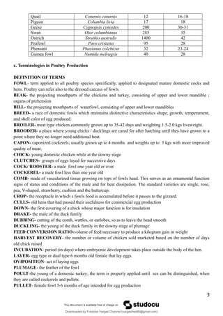 Quail Coturnix coturnix 12 16-18
Pigeon Columbia livia 17 18
Geese Cygnopsis cynoides 200 30-31
Swan Olor columbianus 285 35
Ostrich Struthio australis 1400 42
Peafowl Pavo cristatus 95 28
Pheasant Phasianus colchicus 32 23-24
Guinea fowl Numida meleagris 40 28
c. Terminologies in Poultry Production
DEFINITION OF TERMS
FOWL- term applied to all poultry species specifically, applied to designated mature domestic cocks and
hens. Poultry can refer also to the dressed carcass of fowls.
BEAK- the projecting mouthparts of the chickens and turkey, consisting of upper and lower mandible ;
organs of prehension
BILL- the projecting mouthparts of waterfowl, consisting of upper and lower mandibles
BREED- a race of domestic fowls which maintains distinctive characteristics shape, growth, temperament,
and shell color of egg produced.
BROILER- meat type chicken commonly grown up to 35-42 days and weighting 1.5-2.0 kgs liveweight.
BROODER- a place where young chicks / ducklings are cared for after hatching until they have grown to a
point where they no longer need additional heat.
CAPON- caponized cockerels; usually grown up to 4 months and weights up to 3 kgs with more improved
quality of meat.
CHICK- young domestic chicken while at the downy stage
CLUTCHES- groups of eggs layed for successive days
COCK/ ROOSTER- a male fowl one year old or over
COCKEREL- a male fowl less than one year old
COMB- made of vascularized tissue growing on tops of fowls head. This serves as an ornamental function
signs of status and conditions of the male and for heat dissipation. The standard varieties are single, rose,
pea, V-shaped, strawberry, cushion and the buttercup.
CROP- the receptacle in which s fowls food is accumulated before it passes to the gizzard.
CULLS- old hens that had passed their usefulness for commercial egg production
DOWN- the first covering of a chick whose major function is for insulation
DRAKE- the male of the duck family
DUBBING- cutting of the comb, wattles, or earlobes, so as to leave the head smooth
DUCKLING- the young of the duck family in the downy stage of plumage
FEED CONVERSION RATIO-volume of feed necessary to produce a kilogram gain in weight
HARVEST RECOVERY- the number or volume of chicken sold marketed based on the number of days
old chick raised
INCUBATION- period (in days) where embryonic development takes place outside the body of the hen.
LAYER- egg type or dual type 6 months old female that lay eggs.
OVIPOSITION- act of laying eggs
PLUMAGE- the feather of the fowl
POULT-the young of a domestic turkey; the term is properly applied until sex can be distinguished, when
they are called cockerels and pullets.
PULLET- female fowl 5-6 months of age intended for egg production
3
Downloaded by Fredzkie Vargas Channel (vargasfred86@gmail.com)
lOMoARcPSD|16678982
 
