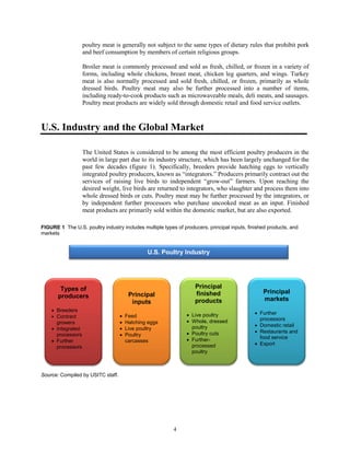 poultry meat is generally not subject to the same types of dietary rules that prohibit pork
and beef consumption by members of certain religious groups.
Broiler meat is commonly processed and sold as fresh, chilled, or frozen in a variety of
forms, including whole chickens, breast meat, chicken leg quarters, and wings. Turkey
meat is also normally processed and sold fresh, chilled, or frozen, primarily as whole
dressed birds. Poultry meat may also be further processed into a number of items,
including ready-to-cook products such as microwaveable meals, deli meats, and sausages.
Poultry meat products are widely sold through domestic retail and food service outlets.
U.S. Industry and the Global Market
The United States is considered to be among the most efficient poultry producers in the
world in large part due to its industry structure, which has been largely unchanged for the
past few decades (figure 1). Specifically, breeders provide hatching eggs to vertically
integrated poultry producers, known as “integrators.” Producers primarily contract out the
services of raising live birds to independent “grow-out” farmers. Upon reaching the
desired weight, live birds are returned to integrators, who slaughter and process them into
whole dressed birds or cuts. Poultry meat may be further processed by the integrators, or
by independent further processors who purchase uncooked meat as an input. Finished
meat products are primarily sold within the domestic market, but are also exported.
Source: Compiled by USITC staff.
U.S. Poultry Industry
Principal
inputs
• Feed
• Hatching eggs
• Live poultry
• Poultry
carcasses
Types of
producers
• Breeders
• Contract
growers
• Integrated
processors
• Further
processors
Principal
finished
products
• Live poultry
• Whole, dressed
poultry
• Poultry cuts
• Further-
processed
poultry
Principal
markets
• Further
processors
• Domestic retail
• Restaurants and
food service
• Export
FIGURE 1 The U.S. poultry industry includes multiple types of producers, principal inputs, finished products, and
markets
4
 