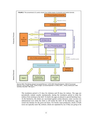 The incubation period is 21 days for chickens and 28 days for turkeys. The eggs are
periodically rotated, usually mechanically, during the incubation period to keep the
embryo from sticking to the shell. To hatch, the eggs are placed in special hatching trays.
At the hatcheries, the chicks are vaccinated against certain diseases; some vaccines are
administered even while the chick is still inside the shell. At the hatcheries, eggs are
sorted into batches for the grow-out barns. For broiler meat production, chicks of both
sexes are typically used. By contrast, chicks are separated by sex if they are going to be
Breeder chicks
Fertilized eggs
Chicks
Feed
Live birds
Poultry meat
Scrap
Human inedible parts
Export
Domestic
retail
ProductionProcess
Standardintegrators
(5)
Grow-out
farms
(1) Primary breeding companies
(2) Breeder farms
(3) Hatcheries
Foodservice/
government/ etc.
(6.b.) Further processing plants
(4) Feed mills
(6.a.) Processing plants
Pet food/
Rendering
Finished poultry meat products
MarketChannels
FIGURE 2 The convinetianal U.S. poultry industry has multiple stages ofproduction and marketchannels
Sources: NCC, "The Chicken Industry" (accessed February 1, 2010); NCC "About the Industry": 2002–07 (accessed
February1, 2010); USDA, APHIS, "Poultry & Eggs" (accessed September 15, 2009); USITC , Poultry: Industryand Trade
Summary, December 1998, figure 1.
FIGURE 2 The conventional U.S. poultry industry has multiple stages of production and market channels
,
12
 