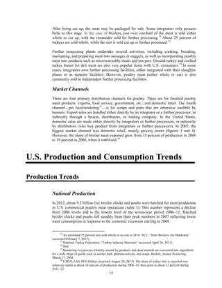 After being cut up, the meat may be packaged for sale. Some integrators only process
birds to this stage. In the case of broilers, just over one-half of the meat is sold either
whole or cut up, with the remainder sold for further processing.52
About 25 percent of
turkeys are sold whole, while the rest is sold cut up or further processed.53
Further processing plants undertake several activities, including cooking, breading,
marinating, and preparing meat into sausages or nuggets, as well as incorporating poultry
meat into products such as microwaveable meals and pot pies. Ground turkey and cooked
turkey breast for deli meat are also very popular items with U.S. consumers.54
In some
cases, integrators own further processing facilities, either integrated with their slaughter
plants or as separate facilities. However, poultry meat (either whole or cut) is also
commonly sold to independent further processing facilities.
Market Channels
There are four primary distribution channels for poultry. Three are for finished poultry
meat products: exports; food service, government, etc.; and domestic retail. The fourth
channel—pet food/rendering55
—is for scraps and parts that are otherwise inedible by
humans. Export sales are handled either directly by an integrator or a further processor, or
indirectly through a broker, distributors, or trading company. In the United States,
domestic sales are made either directly by integrators or further processors, or indirectly
by distributors (who buy product from integrators or further processors). In 2007, the
biggest market channel was domestic retail, mainly grocery stores (figures 3 and 4).
However, the share of broiler meat exported grew from 15 percent of production in 2006
to 19 percent in 2008, when it stabilized.56
U.S. Production and Consumption Trends
Production Trends
National Production
In 2012, about 9.2 billion live broiler chicks and poults were hatched for meat production
in U.S. commercial poultry meat operations (table 5). This number represents a decline
from 2006 levels and is the lowest level of the seven-year period 2006–12. Hatched
broiler chicks and poults fell steadily from their peak numbers in 2007 reflecting lower
meat consumption in response to the economic recession starting in 2008.
52
An estimated 55 percent was sold whole or as cuts in 2010. NCC, “How Broilers Are Marketed,”
(accessed February 7, 2011).
53
National Turkey Federation, “Turkey Industry Structure” (accessed April 26, 2011).
54
Ibid.
55
Rendering is a process whereby animal by-products and dead animals are converted into ingredients
for a wide range of goods such as animal feed, pharmaceuticals, and soaps. Becker, Animal Rendering,
March 17, 2004.
56
USDA, FAS, PSD Online (accessed August 20, 2013). The share of turkey that is exported was
relatively stable at about 10 percent of production during 2006–10, then grew to about 12 percent during
2011–12.
14
 