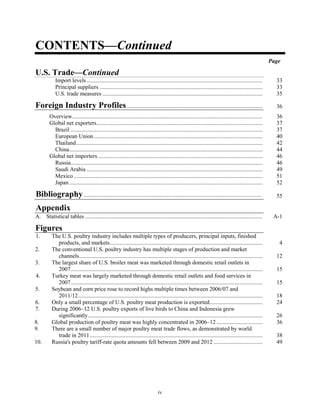 CONTENTS—Continued
Page
U.S. Trade—Continued
Import levels.......................................................................................................................... 33
Principal suppliers ................................................................................................................. 33
U.S. trade measures ............................................................................................................... 35
Foreign Industry Profiles.............................................................................................. 36
Overview.................................................................................................................................... 36
Global net exporters................................................................................................................... 37
Brazil ..................................................................................................................................... 37
European Union..................................................................................................................... 40
Thailand................................................................................................................................. 42
China...................................................................................................................................... 44
Global net importers .................................................................................................................. 46
Russia..................................................................................................................................... 46
Saudi Arabia .......................................................................................................................... 49
Mexico................................................................................................................................... 51
Japan...................................................................................................................................... 52
Bibliography........................................................................................................................... 55
Appendix
A. Statistical tables ........................................................................................................................... A-1
Figures
1. The U.S. poultry industry includes multiple types of producers, principal inputs, finished
products, and markets.......................................................................................................... 4
2. The conventional U.S. poultry industry has multiple stages of production and market
channels............................................................................................................................... 12
3. The largest share of U.S. broiler meat was marketed through domestic retail outlets in
2007..................................................................................................................................... 15
4. Turkey meat was largely marketed through domestic retail outlets and food services in
2007..................................................................................................................................... 15
5. Soybean and corn price rose to record highs multiple times between 2006/07 and
2011/12................................................................................................................................ 18
6. Only a small percentage of U.S. poultry meat production is exported..................................... 24
7. During 2006–12 U.S. poultry exports of live birds to China and Indonesia grew
significantly......................................................................................................................... 26
8. Global production of poultry meat was highly concentrated in 2006–12 ................................ 36
9. There are a small number of major poultry meat trade flows, as demonstrated by world
trade in 2011........................................................................................................................ 38
10. Russia's poultry tariff-rate quota amounts fell between 2009 and 2012 .................................. 49
iv
 