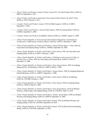 ———. Brazil: Poultry and Products Annual; Poultry Annual 2011, by João Faustino Silva. GAIN no.
BR0714, September 2, 2011.
———. Brazil: Poultry and Products Semiannual; Semi Annual Poultry Report, by João F. Silva.
GAIN no. 0703, February 3, 2011.
———. Canada: Poultry and Products Annual, 2010, by Mihai Lupescu. GAIN no. CA0031,
September 1, 2010.
———. Canada: Poultry and Products; Annual Poultry Report, 2008, by George Myles. GAIN no.
CA8062, September 2, 2008.
———. Canada: Poultry and Products, by Matthew Thoren. GAIN no. CA9049, August 31, 2009.
———. China, Peoples Republic of: Food and Agricultural Import Regulations and Standards––
Certification; FAIRS Export Certificate Report. GAIN no. CH9121, December 7, 2009.
———. China, Peoples Republic of: Poultry and Products; Annual Poultry Report––Final, 2004, by
Casey Bean and Jianping Zhang. GAIN no. CH4045, September 24, 2004.
———. China, Peoples Republic of: Poultry and Products; Semi-Annual, 2005, by Casey Bean and
Jianping Zhang. GAIN no. CH5011, February 1, 2005.
———. China, Peoples Republic of: Poultry and Products; Challenges to Increasing U.S. Sales of
Chicken Paws to China, 2006, by Casey Bean and Suzanne Ryan. GAIN no. CH6117,
December 15, 2006.
———. China, Peoples Republic of: Poultry and Products; Semi-Annual, Report, 2008, by Jianping
Zhang and Eric Trachtenberg. GAIN no. CH8013, March 1, 2008.
———. China, Peoples Republic of: Poultry and Products; Annual, Report, 2008, by Jianping Zhang and
Chanda Beckman. GAIN no. CH8073, September 1, 2008.
———. China, Peoples Republic of: Poultry and Products; Semi-Annual, 2000, by Jin Zhihong.
GAIN No. CH 0806, February 1, 2000.
———. China, Peoples Republic of: Poultry and Products; Semi-Annual, 2009, by Jianping Zhang.
GAIN no. CH9014, March 5, 2009.
———. China, Peoples Republic of: Poultry and Products; Semi-Annual Report, 2010, by Michael
Woolsey, Joshua Lagos, and Jianping Zhang. GAIN no. CH10010, April 14, 2010.
———. China, Peoples Republic of: Poultry and Products; Annual; Annual Report 2009, by Michael
Woolsey and Jianping Zhang. GAIN no. CH9070, September 16, 2009.
———. China, Peoples Republic of: Poultry and Products Annual, 2010, by Michael Woolsey and
Jianping Zhang. GAIN No. CH10056, September 30, 2010.
———. China, Peoples Republic of: Poultry and Products Annual, 2010, by Ryan Scott and Jianping
Zhang. GAIN No. CH12054, September 18, 2012.
65
 