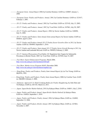 ———. European Union: Annual Report 2000, by Caroline Hommez. GAIN no. E20007, January 1,
2000.
———. European Union: Poultry and Products; Annual, 2001, by Caroline Hommez. GAIN no. E21017,
February 1, 2001.
———. EU-25: Poultry and Products; Annual, 2005, by Yvan Polet. GAIN no. E35142, July 15, 2005.
———. EU-27: Poultry and Products; Annual, 2007, by Yvan Polet. GAIN no. E47061, July 20, 2007.
———. EU-27: Poultry and Products; Annual Report; 2008, by Xavier Audran. GAIN no. E48090,
July 31, 2008.
———. EU-27: Poultry and Products; Semi-Annual; Semi-annual Report, by Xavier Audran. GAIN no.
FR9039, April 9, 2010.
———. EU-27: Poultry and Products Annual; EU-27 Poultry Sector Growth to Slow in 2011, by Xavier
Audran. GAIN no. FR9049, September 1, 2010.
———. EU-27: Poultry and Products; Semi-Annual, EU-27 Poultry Sector Growth Slowing in 2011, by
Xavier Audran and Lashonda McLeod. GAIN no. FR9059, February 2, 2009.
———. EU-27: Sanitary/Phytosanitary/Food Safety: EC Regulation Sets Targets for Salmonella
Prevalence in Broiler Flocks: 2007, by Yvan Polet. GAIN no. E47050, June 19, 2007.
———. Fact Sheet: Export Enhancement Programs, March 2006.
http://www.fas.usda.gov/info/factsheets/EEP.pdf.
———. Fact Sheet: Market Access Program (MAP), December 2009.
http://www.fas.usda.gov/info/factsheets/mapfact.asp.
———. Hong Kong: Poultry and Products; Poultry Semi-Annual Report, by Lai Yee Yeung. GAIN no.
HK5076, 1995.
———. Hong Kong: Poultry and Products; Poultry Semi-Annual Report, 2000, by Caroline Yuen. GAIN
no. HK0009, February 2, 2000.
———. Indonesia: Approved U.S. Halal Certifying Bodies for Poultry Slaughtering, by John Slete and
Titi Rahayu. GAIN no. ID1103, March 22, 2011.
———. Japan: Japan Broiler Market Outlook, 2010, by Kakuyu Obara. GAIN no. JA0011, July 2, 2010.
———. Japan: Poultry and Products Annual; Japan Broiler Market Outlook, by Kakuyu Obara.
GAIN no. JA0026, September 1, 2010.
———. Japan: Poultry and Products; Poultry Annual, 2004, by Kakuyu Obara. GAIN no. JA4069,
September 13, 2004.
———. Japan: Poultry and Products; Broiler Annual, 2007, by Kakuyu Obara. GAIN no. JA7063,
November 2, 2007.
66
 