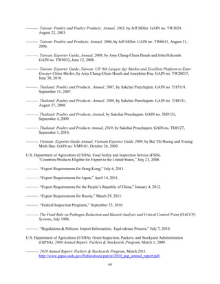 ———. Taiwan: Poultry and Poultry Products; Annual, 2003, by Jeff Miller. GAIN no. TW3029,
August 22, 2003.
———. Taiwan: Poultry and Products; Annual, 2006, by Jeff Miller. GAIN no. TW0631, August 31,
2006.
———. Taiwan: Exporter Guide; Annual, 2008, by Amy Chang-Chien Hsueh and John Halcomb.
GAIN no. TW8032, June 12, 2008.
———. Taiwan: Exporter Guide; Taiwan: US’ 6th Largest Agr Market and Excellent Platform to Enter
Greater China Market, by Amy Chang-Chien Hsueh and Josephine Hsu. GAIN no. TW20017,
June 30, 2010.
———. Thailand: Poultry and Products; Annual, 2007, by Sakchai Preechajarn. GAIN no. TH7119,
September 11, 2007.
———. Thailand: Poultry and Products; Annual, 2008, by Sakchai Preechajarn. GAIN no. TH8131,
August 27, 2008.
———. Thailand: Poultry and Products; Annual, by Sakchai Preechajarn. GAIN no. TH9131,
September 4, 2009.
———. Thailand: Poultry and Products Annual, 2010, by Sakchai Preechajarn. GAIN no. TH0127,
September 1, 2010.
———. Vietnam: Exporter Guide Annual; Vietnam Exporter Guide 2009, by Bui Thi Huong and Truong
Minh Dao. GAIN no. VM9101, October 26, 2009.
U.S. Department of Agriculture (USDA). Food Safety and Inspection Service (FSIS).
“Countries/Products Eligible for Export to the United States,” July 23, 2008.
———. “Export Requirements for Hong Kong,” July 6, 2011.
———. “Export Requirements for Japan,” April 14, 2011.
———. “Export Requirements for the People’s Republic of China,” January 4, 2012.
———. “Export Requirements for Russia,” March 29, 2011.
———. “Federal Inspection Programs,” September 23, 2010.
———. The Final Rule on Pathogen Reduction and Hazard Analysis and Critical Control Point (HACCP)
Systems, July 1996.
———. “Regulations & Policies: Import Information; Equivalence Process,” July 7, 2010.
U.S. Department of Agriculture (USDA). Grain Inspection, Packers, and Stockyard Administration
(GIPSA). 2008 Annual Report: Packers & Stockyards Program, March 1, 2009.
———. 2010 Annual Report: Packers & Stockyards Program, March 2011.
http://www.gipsa.usda.gov/Publications/psp/ar/2010_psp_annual_report.pdf.
69
 