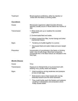 Treatment Broad spectrum antibiotics, either by injection or
mixed with the feeds or drinking water.
Coccidiosis
Cause Microscopic organisms called Coccidia (Eimeria
species) usually occurs in flocks below two months of
age.
Transmission 1. When birds pick up or swallow the coccidial
organisms.
2. Contaminated feed and water.
3. Indirect contact thru files, human beings and other
mechanical means.
Signs * Tendency to huddle together in a comer.
* Decreased feed and water intake and poor weight
gain.
Prevention Incorporation of coccidiostat in the feeds or drinking
water. Use of sulfa drugs. Most feed companies
incorporate this in the feed mixture as indicated in the
feed tags.
Mareks Disease
Cause Virus
Transmission Exposure to infected birds or to environment with
existing virus, poultry nests and feeders.
Signs * Initial symptoms are leg weakness and paralysis
of one or both legs.
* Birds tend to rest on their breast with one leg
extended forward and the other backward
* They could hardly reach the feeders and waterers
resulting in dehydration and emaciation which
finally causes death.
 