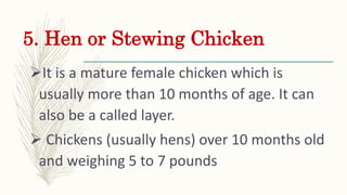 5. Hen or Stewing Chicken
It is a mature female chicken which is
usually more than 10 months of age. It can
also be a cal...