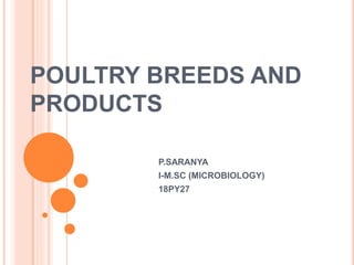 POULTRY BREEDS AND
PRODUCTS
P.SARANYA
I-M.SC (MICROBIOLOGY)
18PY27
 