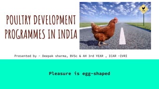 POULTRY DEVELOPMENT
PROGRAMMES IN INDIA
Pleasure is egg-shaped
Presented by - Deepak sharma, BVSc & AH 3rd YEAR , ICAR -IVRI
 