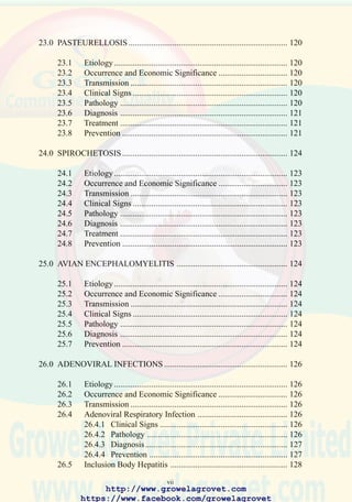 29.7 Treatment ................................................................................ 139
29.8 Prevention ............................................................................... 139
30.0 ENDOPARASITES ............................................................................. 141
30.1 Capillariasis ............................................................................ 141
30.2 Ascaridiasis ............................................................................. 141
30.3 Cestodiasis .............................................................................. 141
LOCOMOTORY ABNORMALITIES ..................................................... 144
31.0 SKELETAL DEFORMITIES AND ARTHRITIS ............................... 145
31.1 Nutritional Etiology ................................................................ 145
31.2 Infectious etiology .................................................................. 146
31.2.1 Mycoplasmosis........................................................... 146
31.2.2 Reoviral Arthritis........................................................ 146
31.2.3 Staphylococcal Arthritis ............................................. 147
31.3 Pododermatitis ........................................................................ 148
31.3.1 Alleviation of Locomotory Problems Through
Nutrition ..................................................................... 149
31.4 Developmental Etiology ......................................................... 152
31.4.1 Twisted Legs .............................................................. 152
31.4.2 Rotated Tibia and Crooked Toes ................................ 152
INTEGUMENTARY CONDITIONS........................................................ 153
32.0 AVIAN POX ........................................................................................ 154
32.1 Etiology. .................................................................................. 154
32.2 Occurrence and Economic Significance ................................. 155
32.3 Transmission ........................................................................... 154
32.4 Clinical Signs .......................................................................... 154
32.5 Pathology ................................................................................ 154
32.6 Diagnosis ................................................................................ 154
32.7 Prevention ............................................................................... 154
33.0 ECTOPARASITES .............................................................................. 156
33.1 Mites ....................................................................................... 156
33.2 Argasid Ticks .......................................................................... 156
33.3 Scaly Leg Mites ...................................................................... 156
ix
 