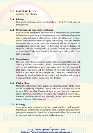 122
95. Enlargement of the wattle
due to Pasteurella
multocida infection.
96. Characteristic bipolar
staining Pasteurella
multocida organisms in a
Giemsa-stained blood
smear.
97. Torticollis in a hen which
might be due to infection of
the inner ear by E. coli or
Pasteurella multocida. This
change is also observed in
flocks exposed to velogenic
Newcastle disease.
http://www.growelagrovet.com
https://www.facebook.com/growelagrovet
 